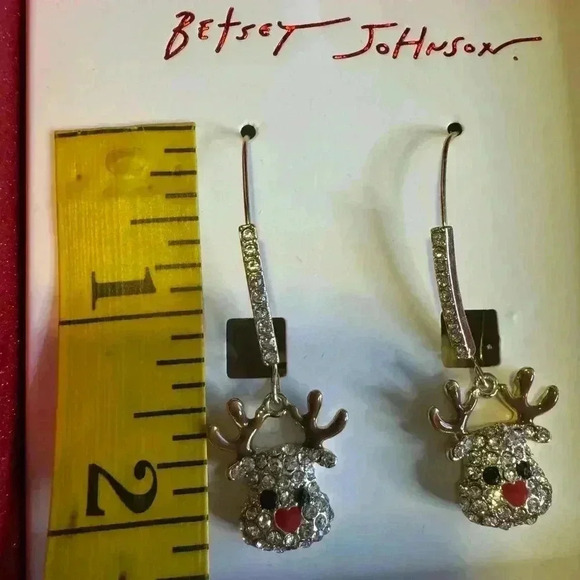 Betsy Johnson Holiday Reindeer Dangle  Gold Tone Rhinestone Crystal Earrings. - Picture 7 of 8